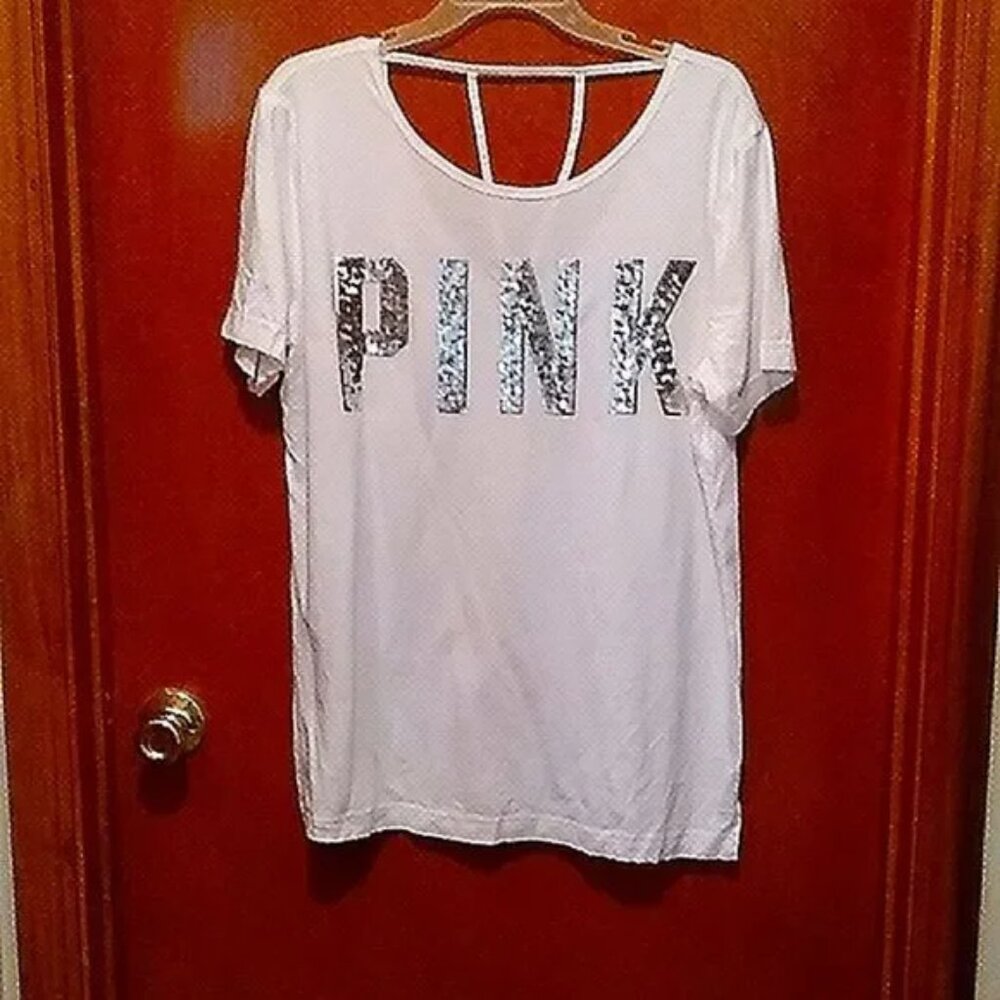 pink by victoria secret short sleeve white cotton tshirt silver sequin